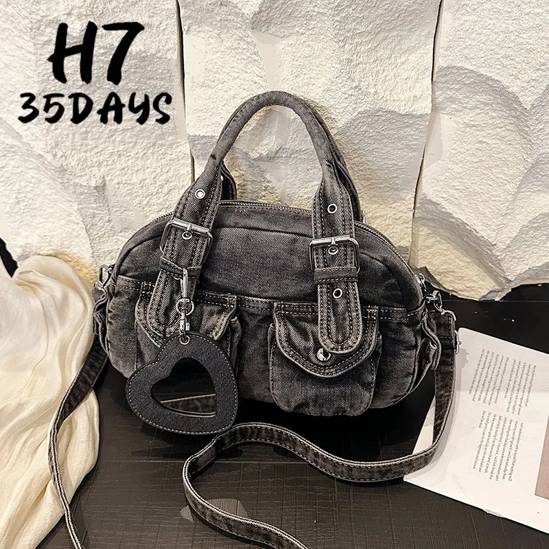 H7 Vintage Washed Denim Crossbody Bag with Multiple Pockets - 2
