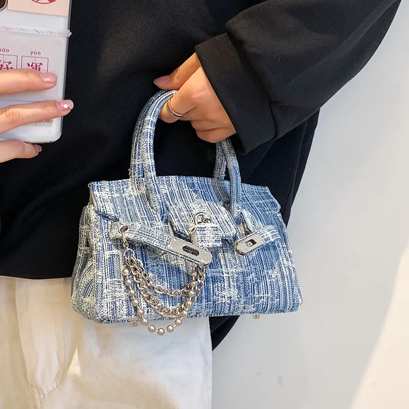 Kelly Bag 2024 Denim Women Handbag Fashion Blue Shoulder Tote - 1
