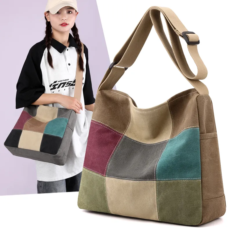 Color Block Shoulder Bag, Lightweight Canvas Tote for Women, High-Quality Commuter Bag - 1