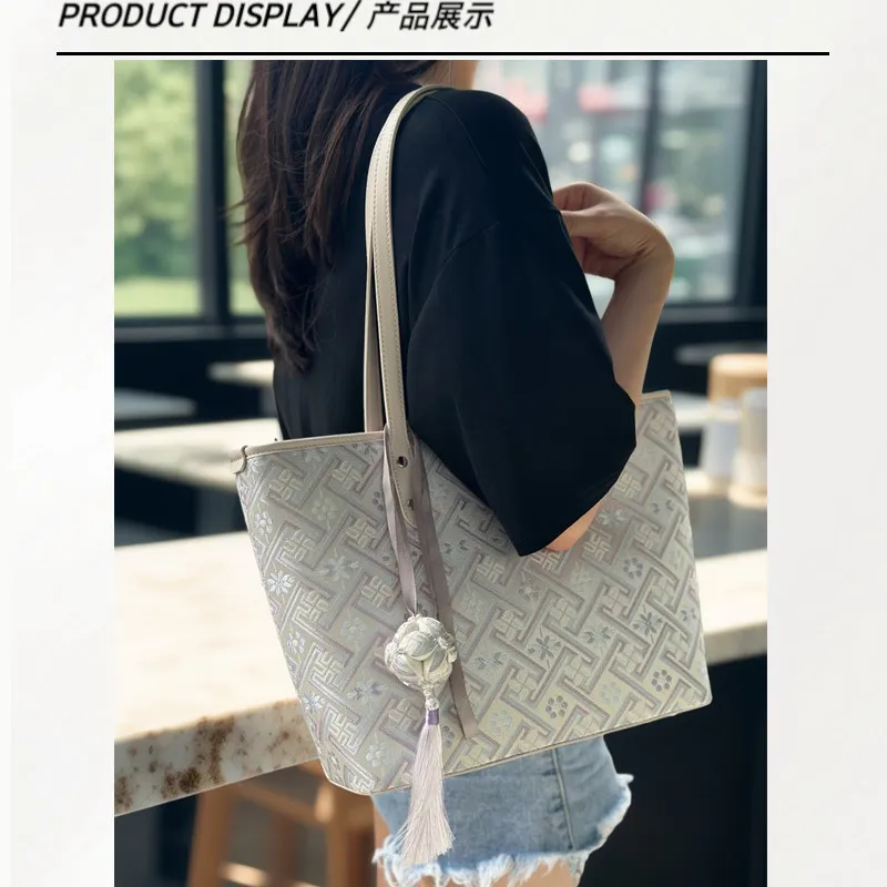 Zhuang Brocade Tote Bag, Silver White Ethnic Crossbody Bag for Women - 2