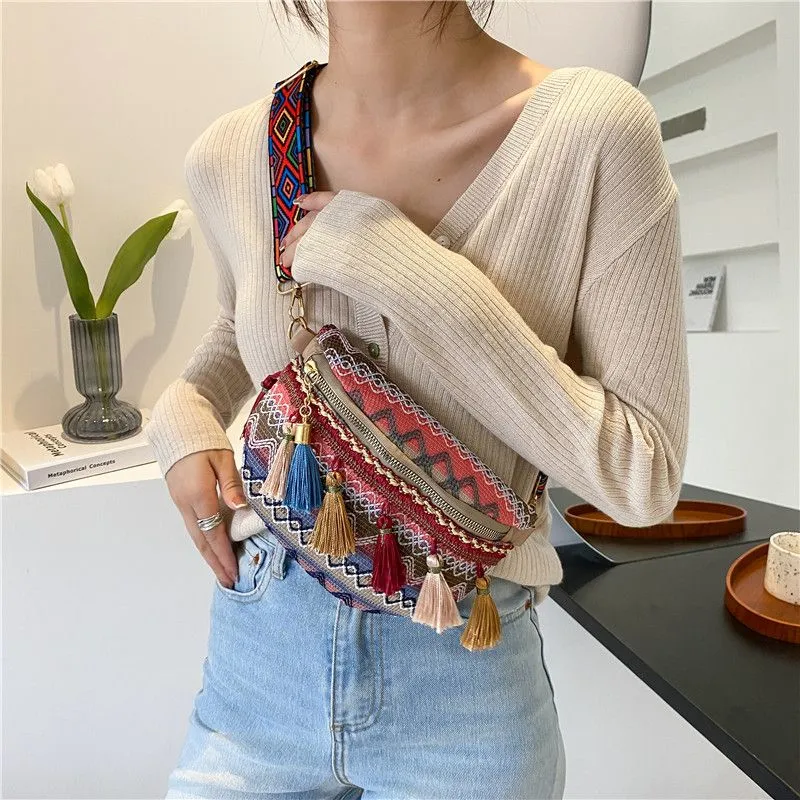 Ethnic Crossbody Phone Bag with Fringe, Retro Shoulder Bag for Women - 4