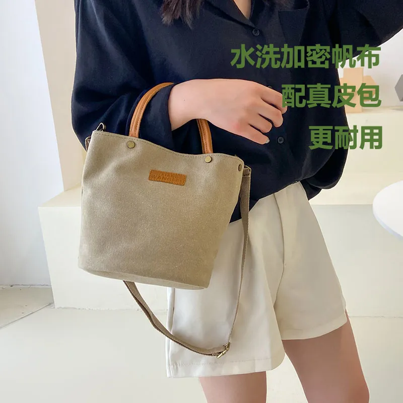 Canvas Bucket Bag with Leather Trim, Minimalist Tote for Commute & Lunch - 2