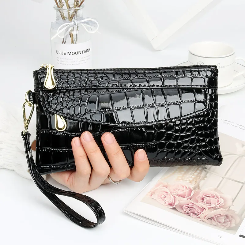 Long Wallet for Women, Shiny PU Leather, Crocodile Pattern, Phone Pouch - 1