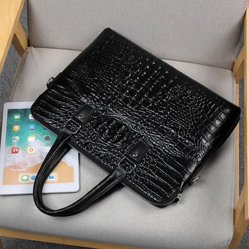 Men's Crocodile Leather Briefcase, 13 Inch Laptop Bag, Crossbody Messenger Bag - 3