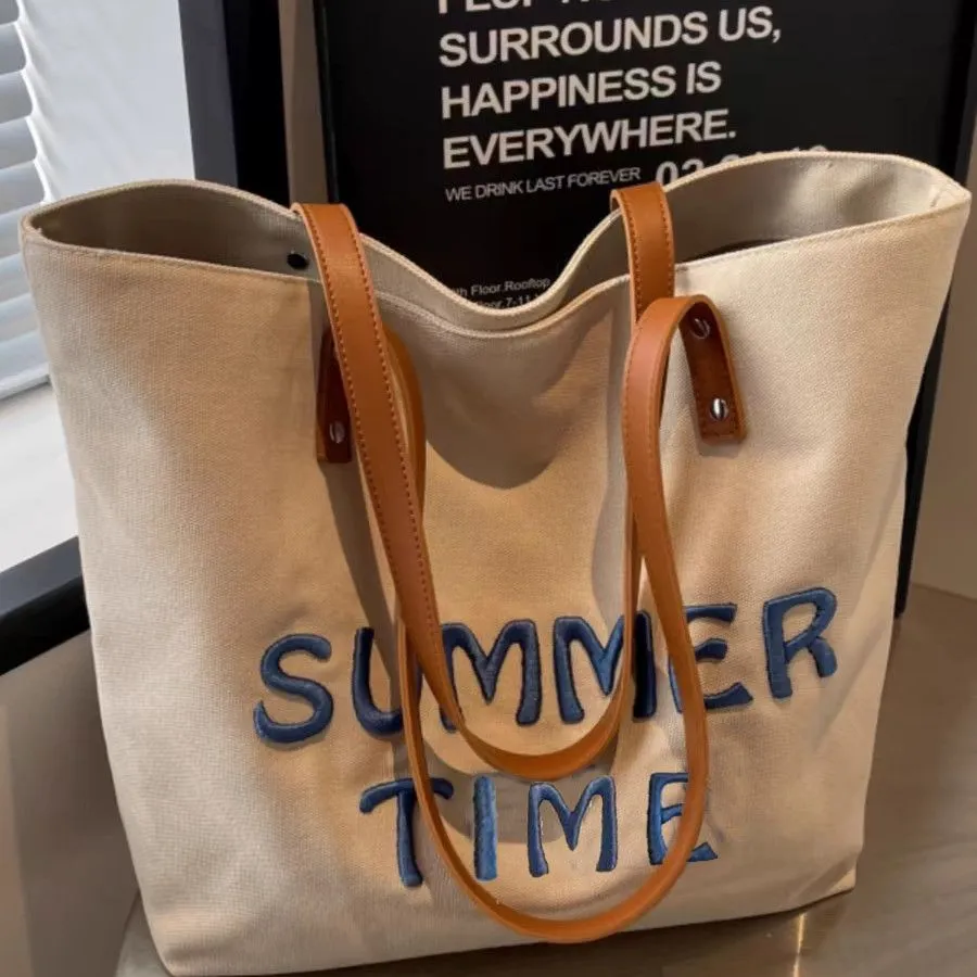 Embroidered Letter Canvas Tote Bag Large Capacity Commuter Shoulder Bag - 2