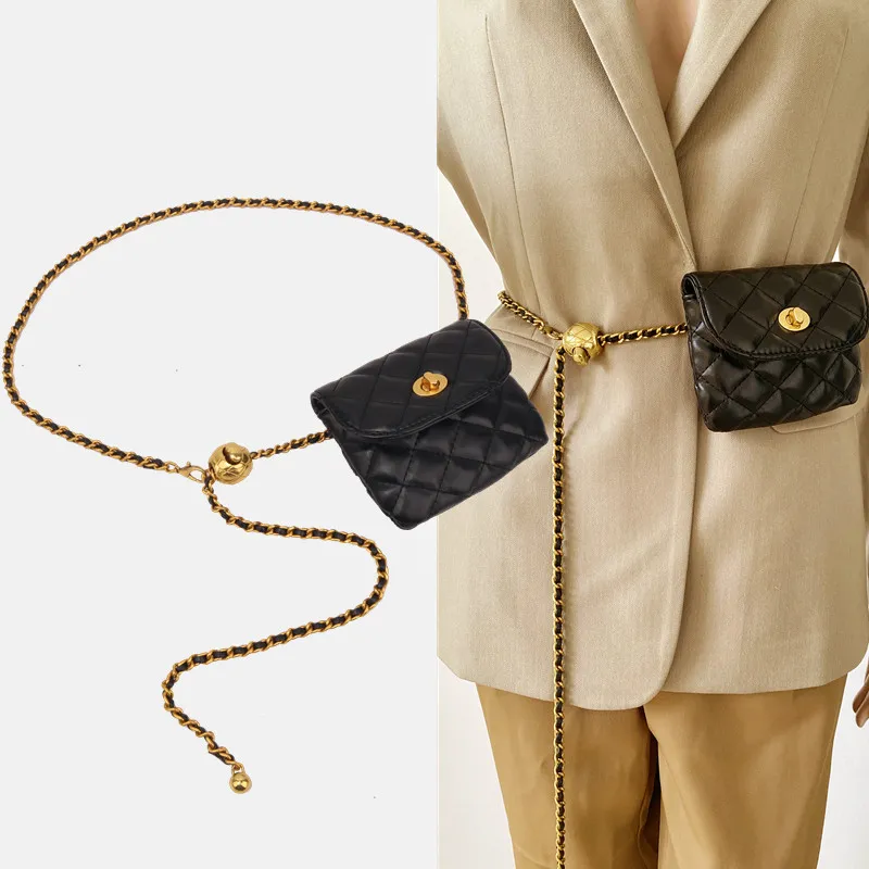 Chain Belt with Gold Ball Waist Bag for Women, PU Leather Waist Chain - 2