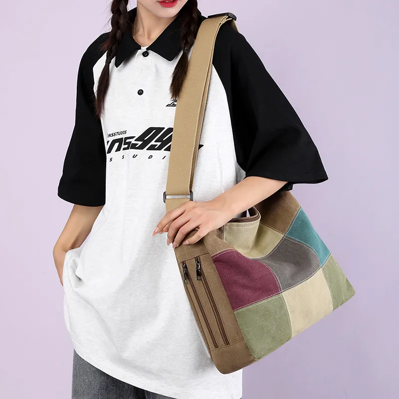 Color Block Shoulder Bag, Lightweight Canvas Tote for Women, High-Quality Commuter Bag - 4