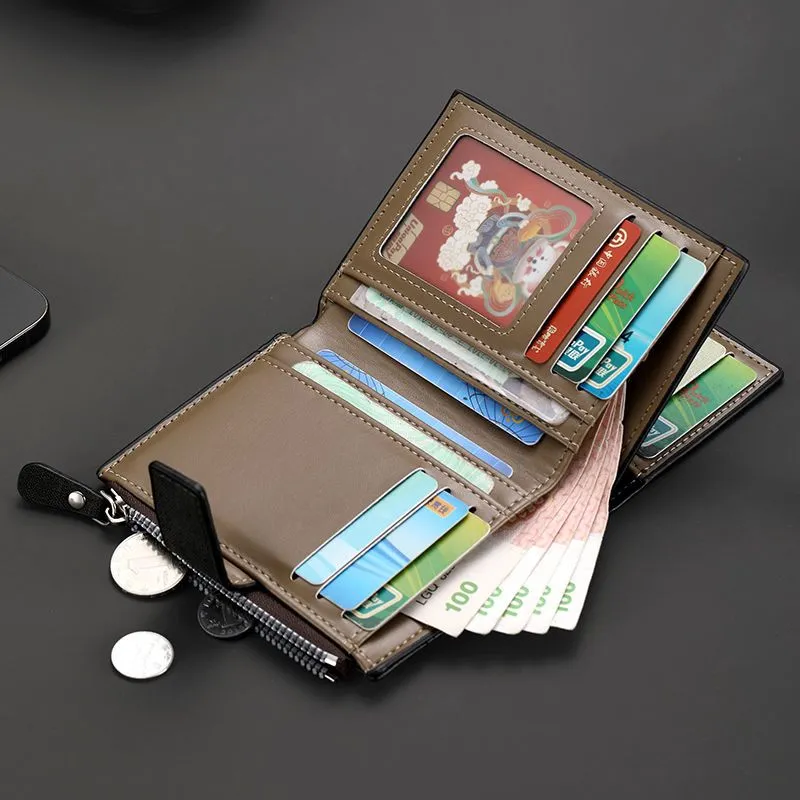 Men's Short Wallet with Zipper Multi-Function Card Holder Soft PU Leather - 3