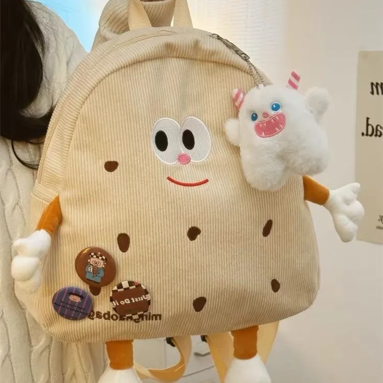 Cookie Backpack Women Cute Corduroy Plush Cartoon Rucksack - 4