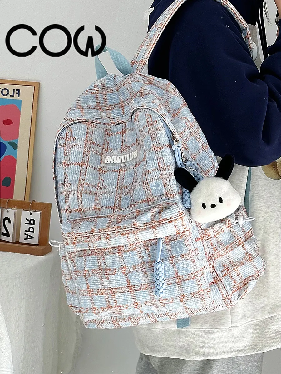 Corduroy Backpack for Women, Cute Japanese Style School Bag with Plaid Pattern - 1
