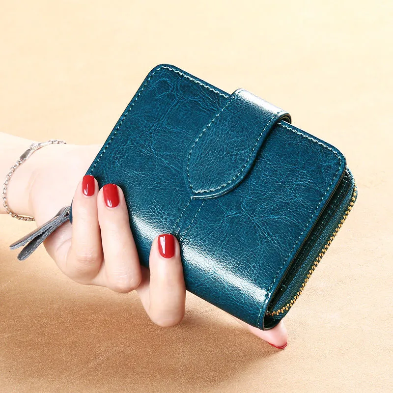 Leather Card Holder Wallet Women's Compact Multi Card RFID Blocking Foldable - 1