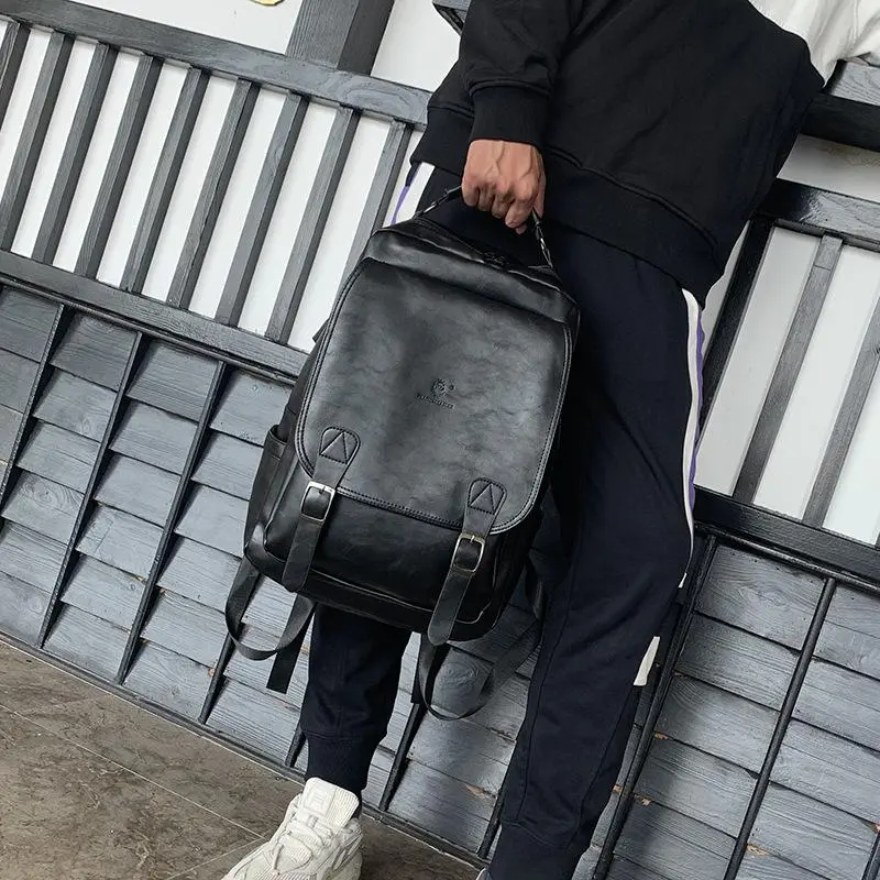 Men's PU Backpack with USB Charging, Large Capacity Retro Square Outdoor Daypack - 3