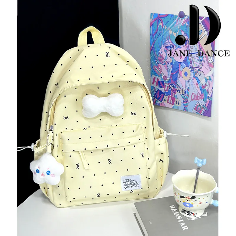 Polka Dot Bow Backpack for Girls, Cute Student Rucksack with Butterfly - 2