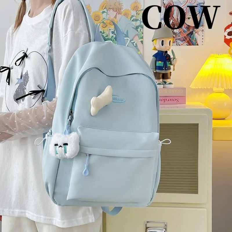 Solid Color Backpack for Women, Cute Korean Style Student Rucksack - 3