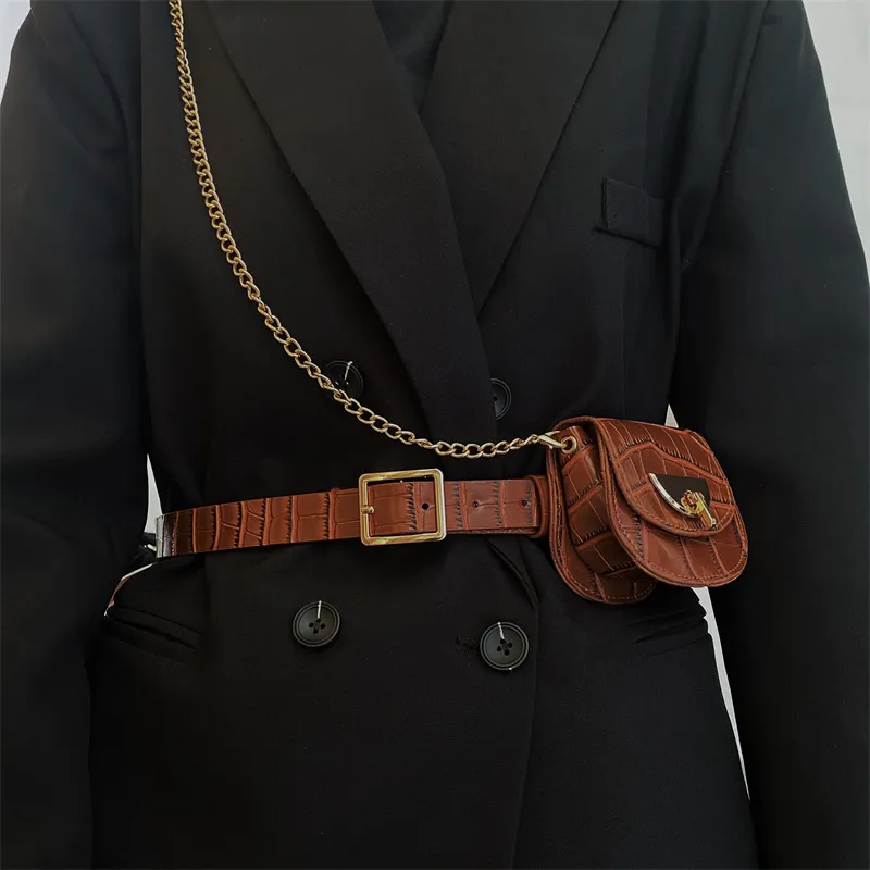 Women's Fashion Belt with Chain & Waist Bag, PU Leather Hip Hop Decor - 4
