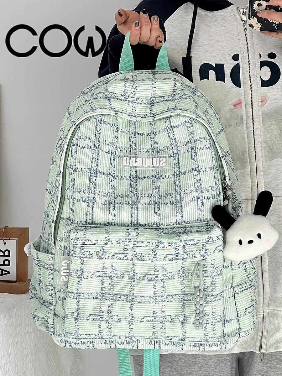 Corduroy Backpack for Women, Cute Japanese Style School Bag with Plaid Pattern - 4