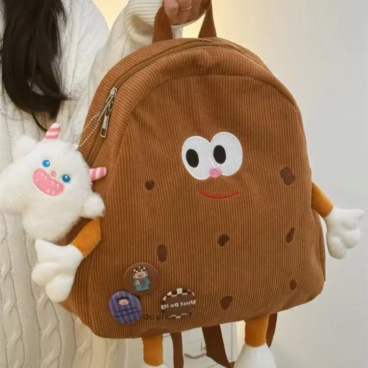 Cookie Backpack Women Cute Corduroy Plush Cartoon Rucksack - 3