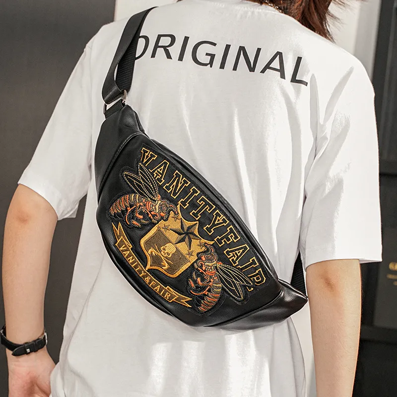 2025 Men's Crossbody Bag Small PU Sling Backpack Waist Pack Black - 2