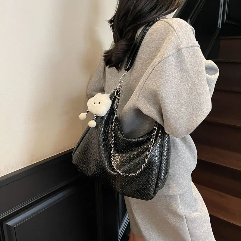 Woven Tote Bag Women Large Capacity Shoulder Bag PU Crossbody Bag - 5