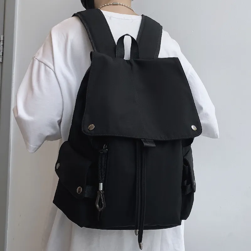 Solid Color Backpack Men Large Capacity Travel Laptop Bag Drawstring - 4