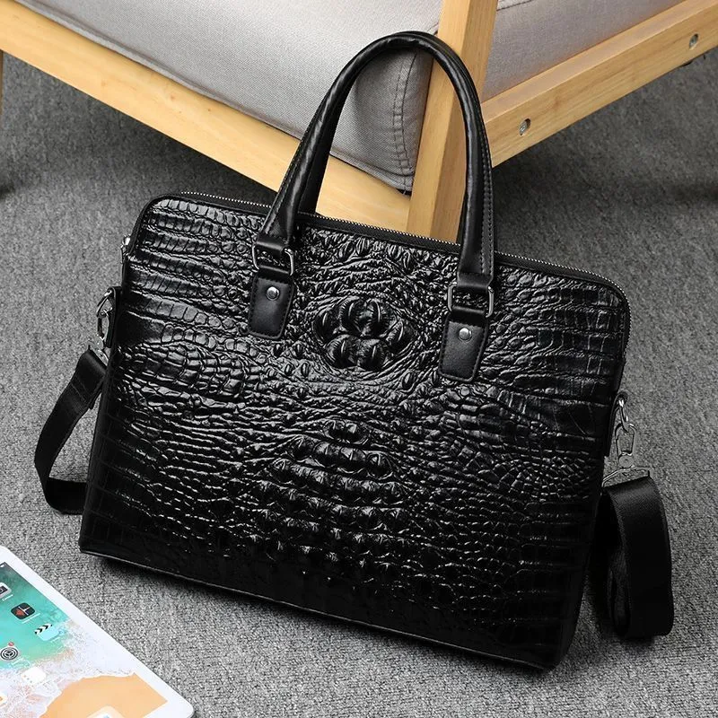 Men's Crocodile Leather Briefcase, 13 Inch Laptop Bag, Crossbody Messenger Bag - 2