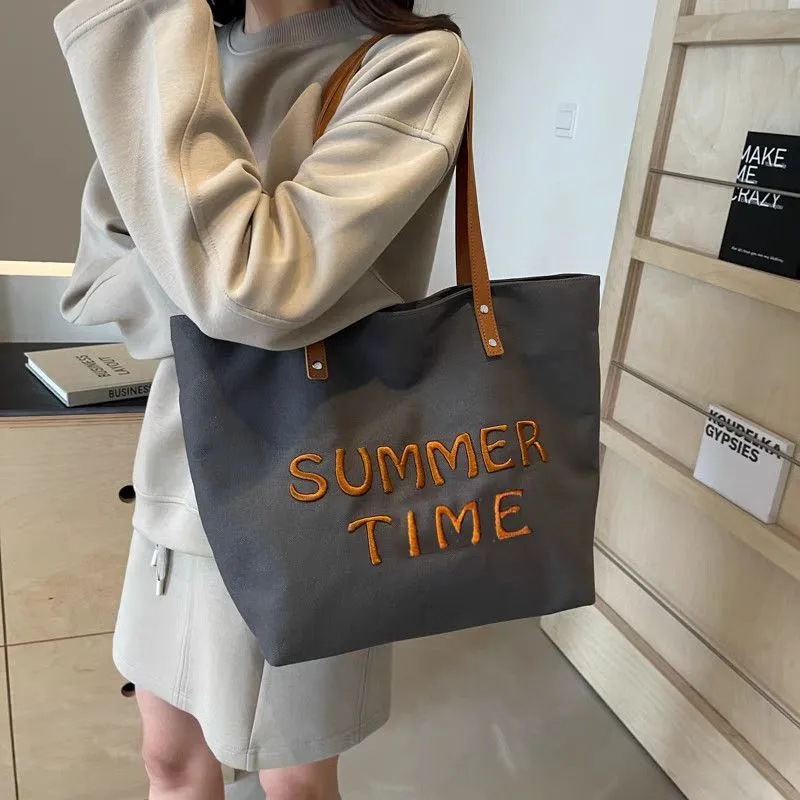 Embroidered Letter Canvas Tote Bag Large Capacity Commuter Shoulder Bag - 4