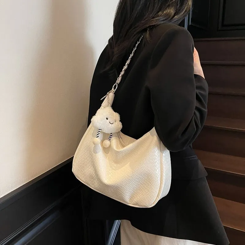 Woven Tote Bag Women Large Capacity Shoulder Bag PU Crossbody Bag - 3