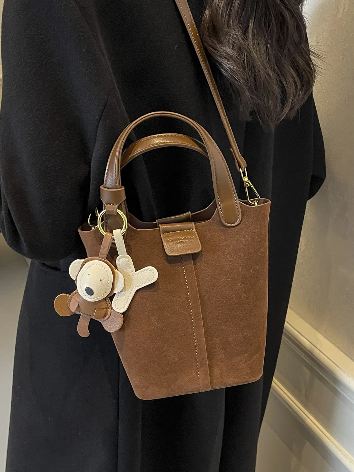 Retro Brown Matte Shoulder Bag Women 2025 Crossbody Bucket Purse - 5