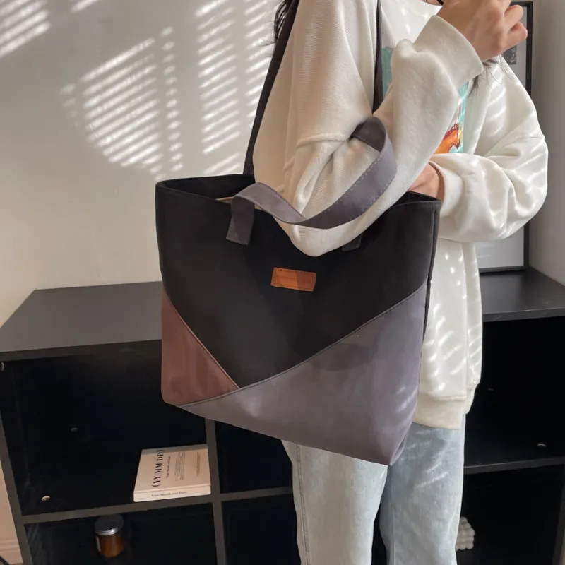 Canvas Tote Bag Women 2023 New Color Block Shoulder Handbag - 4