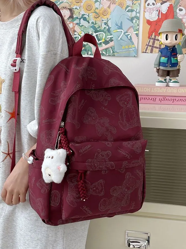 Cute Bear Print Backpack Large Capacity College School Bag for Girls - 5