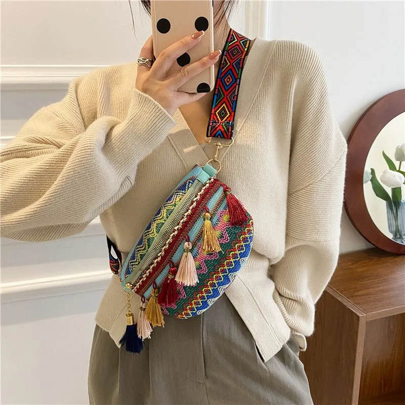 Ethnic Crossbody Phone Bag with Fringe, Retro Shoulder Bag for Women - 1