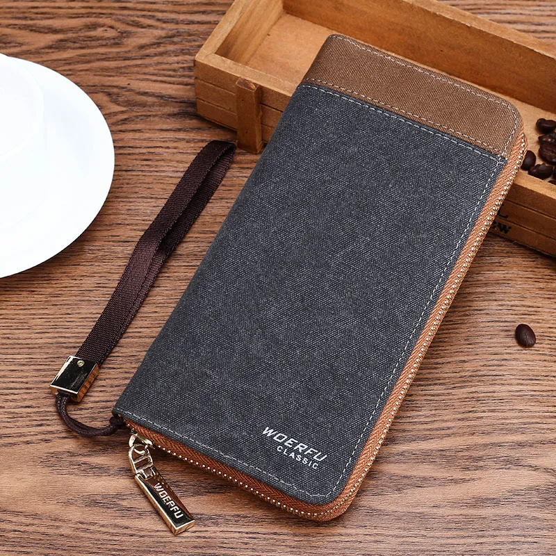 Men's Canvas Long Wallet with Zipper, Multi-Card Slots & Phone Pocket - 3