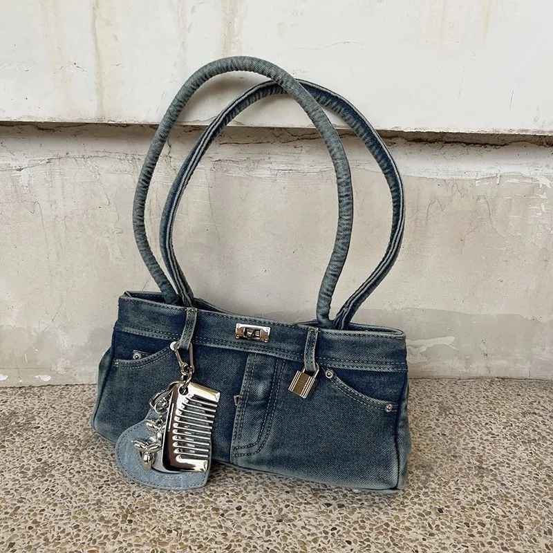 Vintage Lock Key Shoulder Bag, Distressed Kelly Crossbody, Denim Tote - 2