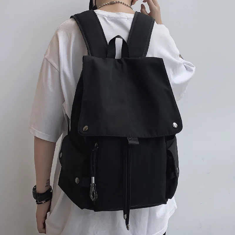 Solid Color Backpack Men Large Capacity Travel Laptop Bag Drawstring - 3