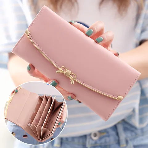 Long Wallet with Bow, Multi Card Slots, Student Coin Purse, Trendy Clutch - 1