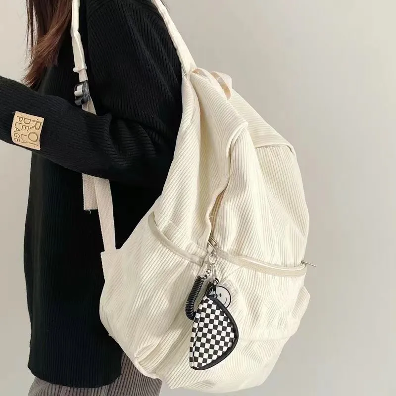 Corduroy Backpack for Women, Minimalist Lazy Style Student Rucksack - 5