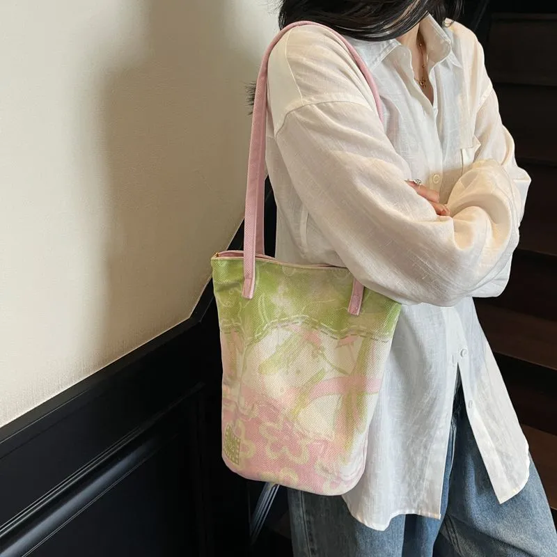 Green & Pink Canvas Tote Bag for Women, Large Capacity Simple Commuter Bag - 1
