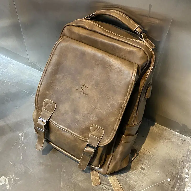 Men's PU Backpack with USB Charging, Large Capacity Retro Square Outdoor Daypack - 1