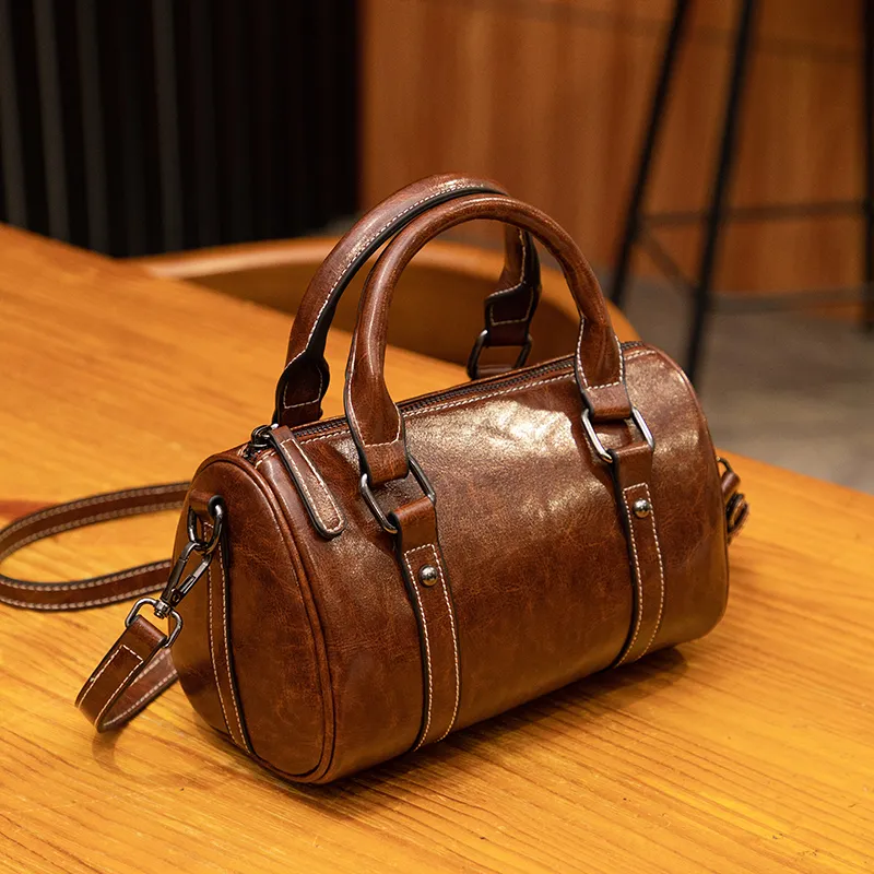 Leather Boston Bag for Women 2025, Vintage Crossbody Shoulder Bag - 1
