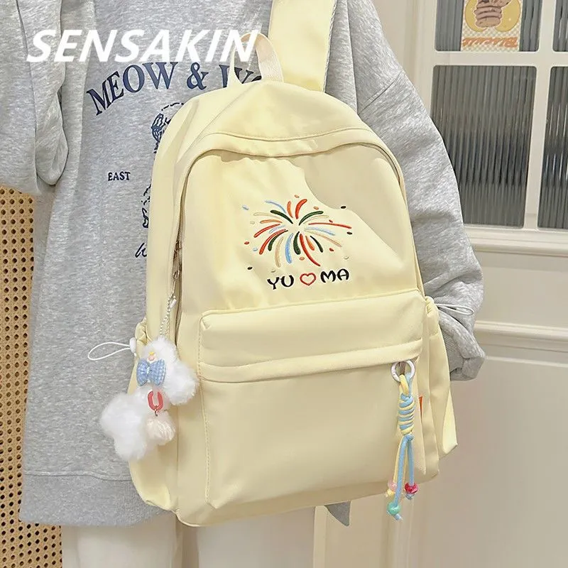 Cute Pastel Backpack for Women, Large Capacity Nylon School Bag with Embroidery - 3