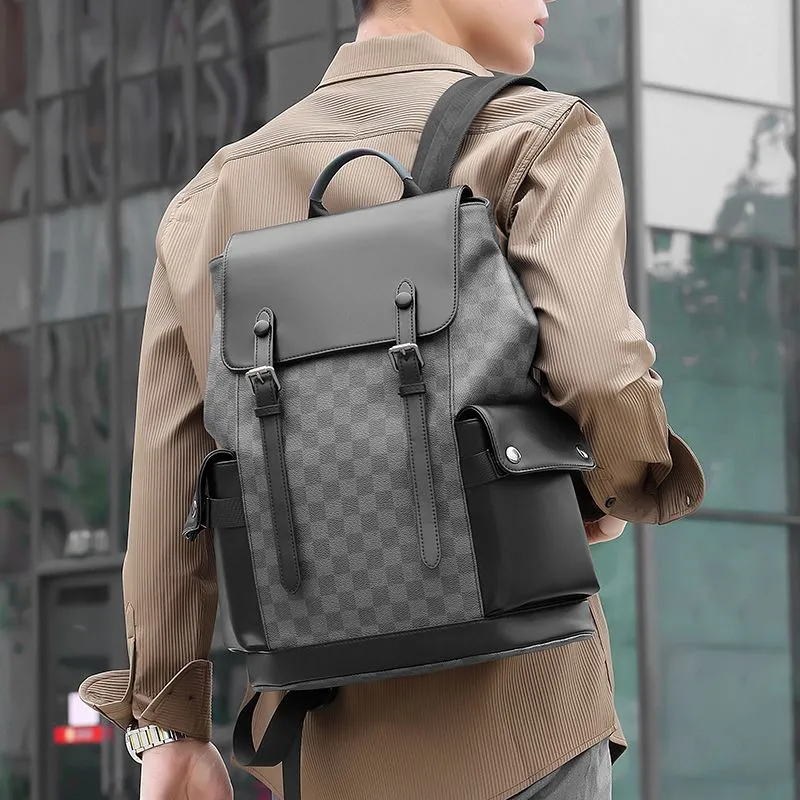 Men's Checkerboard Backpack Large Capacity Laptop Travel Bag PU Material - 2