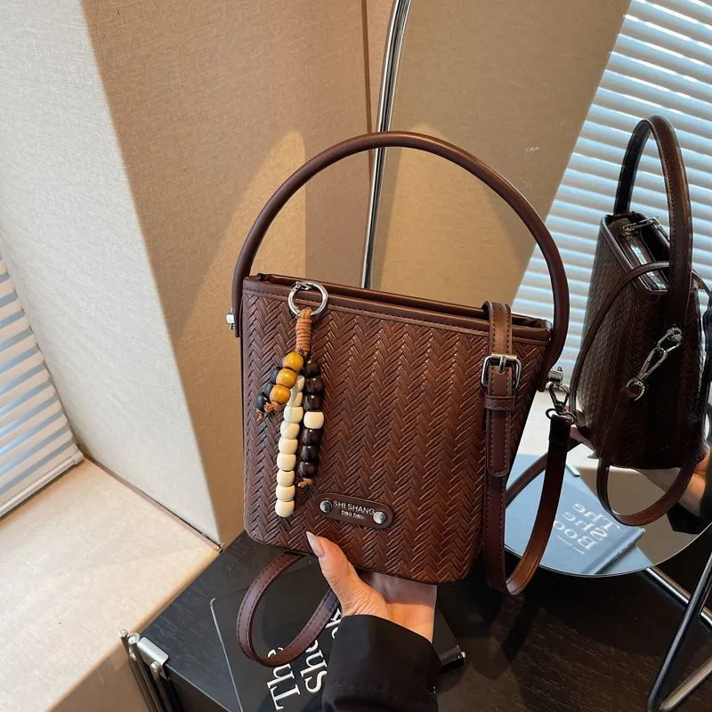 Woven Bucket Bag Women's Fashion Shoulder Crossbody Purse Retro - 1