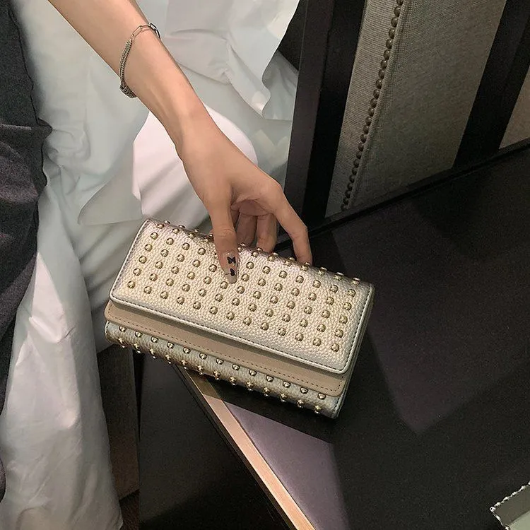 2025 Women's Large Capacity Studded Long Wallet Fashion Double Flap Clutch - 1