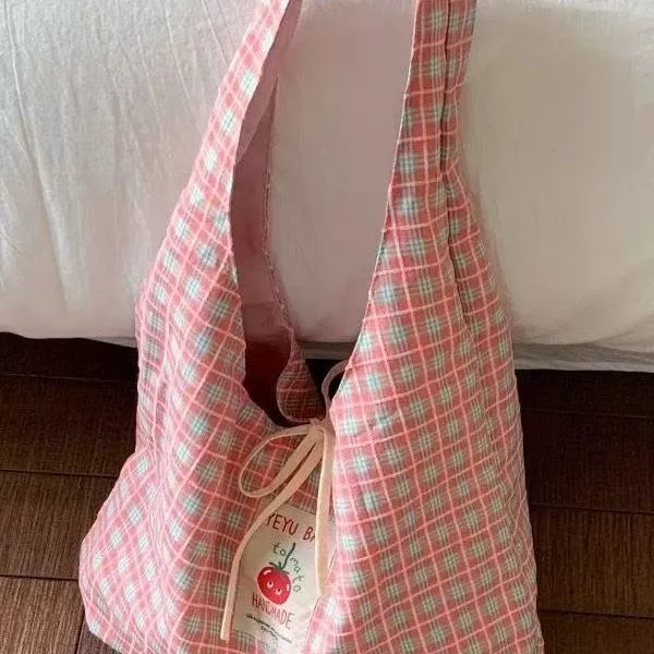 Plaid Tote Bag Large Capacity Canvas Shoulder Bag for School Commute - 5