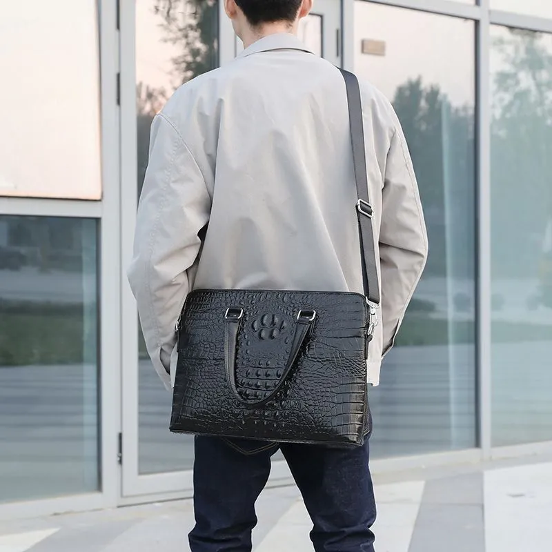 Men's Crocodile Leather Briefcase, 13 Inch Laptop Bag, Crossbody Messenger Bag - 5