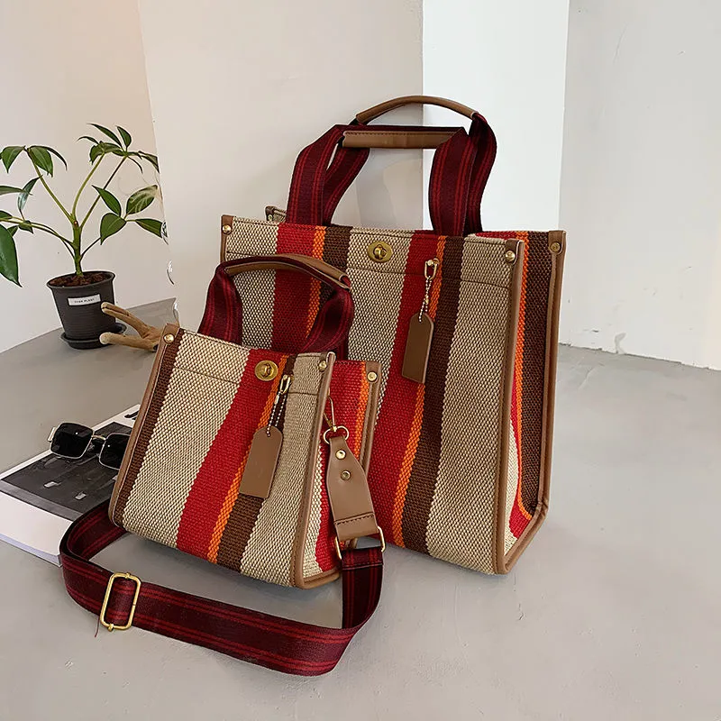 Canvas Tote Bag for Women, Striped Shoulder Bag for Commute & Work - 1