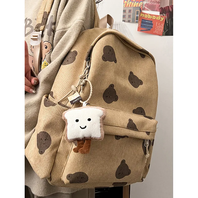 Cute Bear Backpack Women Corduroy Large Capacity School Bag - 3