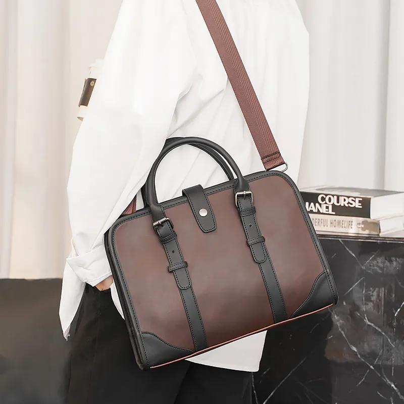 Men's Leather Briefcase, Retro Shoulder Bag for 13 Inch Laptop, Coffee - 2