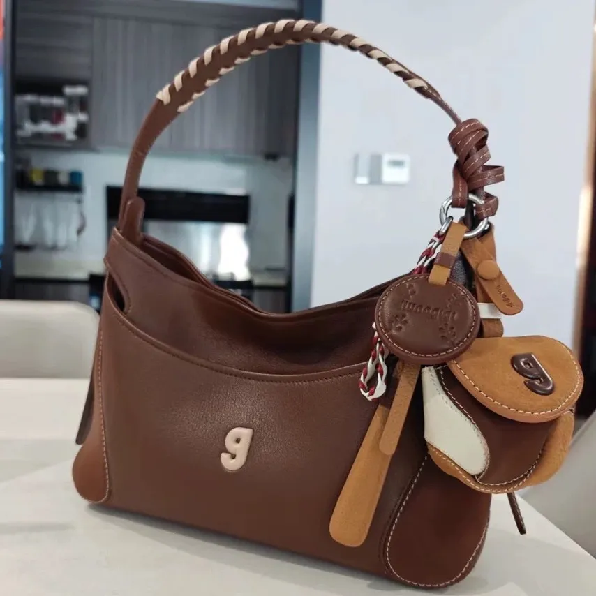 Baseball Hobo Bag Small Crossbody Bag Brown Leather Shoulder Bag - 1