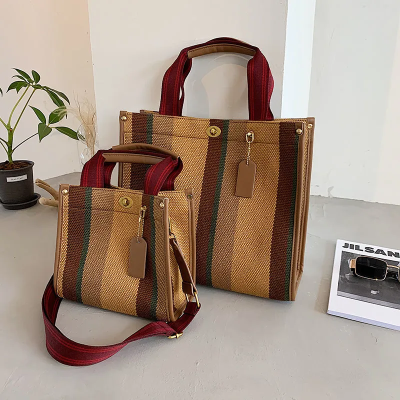 Canvas Tote Bag for Women, Striped Shoulder Bag for Commute & Work - 3